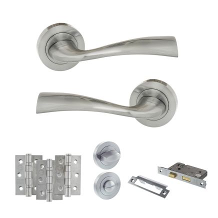 Eco Wave Door Handle Pack (Bathroom Set - 2.5" CE Bathroom Lock, 3" Fire Rated Hinges x3) - Polished Chrome