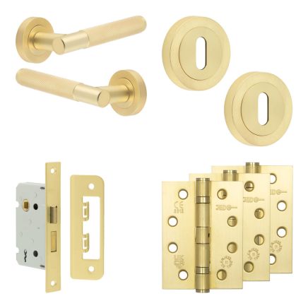 Complete Bari Door Handle Pack - Sashlock - Satin Brass - 65mm / 4-inch Hinges - JE-D7A8-SB