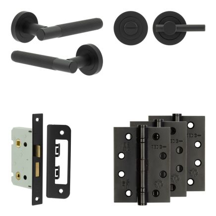 Complete Venice Door Handle Pack - Bathroom Lock (Plain Thumb Turn) - Matt Black - 65mm / 4-inch Hinges - JE-F5A2-MB