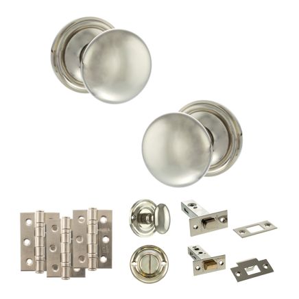 Old English Harrogate Door Knob Pack (Bathroom Set - 3" Deadbolt, 3" Fire Rated Hinges x3) - Polished Nickel
