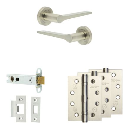 Complete Gio Door Handle Pack - Heavy Duty Latch - Satin Nickel - 102mm / 4-inch Hinges - JE-E22A-SN