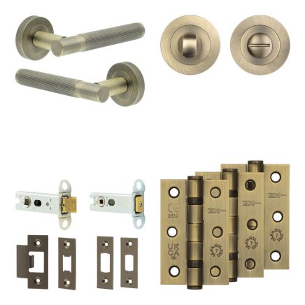 Complete Venice Door Handle Pack - Heavy Duty Tubular Bathroom (Standard Thumb Turn) - Antique Brass - 76mm / 3-inch Hinges - JE-F31B3-AB