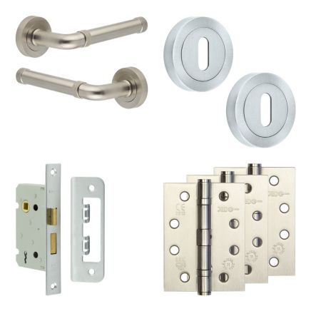 Complete Midtown Door Handle Pack - Sashlock - Satin Nickel - 65mm / 4-inch Hinges - JE-G7A8-SN