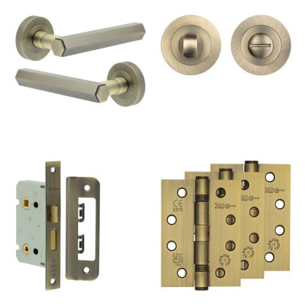 Complete Hex Door Handle Pack - Bathroom Lock (Standard Thumb Turn) - Antique Brass - 65mm / 4-inch Hinges - JE-C5A3-AB