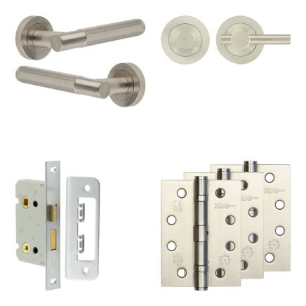 Complete Bari Door Handle Pack - Bathroom Lock (Knurled Thumb Turn) - Satin Nickel - 65mm / 4-inch Hinges - JE-D5A1-SN
