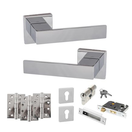 Senza Pari Panetti Door Handle Pack (Euro Lock Set - 3" CE Sashlock, 4" Fire Rated Hinges x3) - Polished Chrome