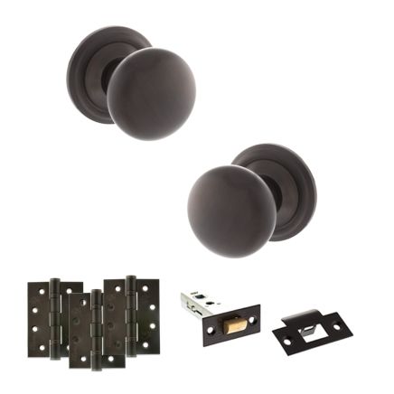 Old English Harrogate Door Knob Pack (Latch Set - 3" HD Latch, 4" Fire Rated Hinges x3) - Urban Dark Bronze