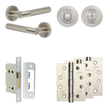 Complete Bari Door Handle Pack - Bathroom Lock (Standard Thumb Turn) - Satin Nickel - 65mm / 4-inch Hinges - JE-D5A3-SN