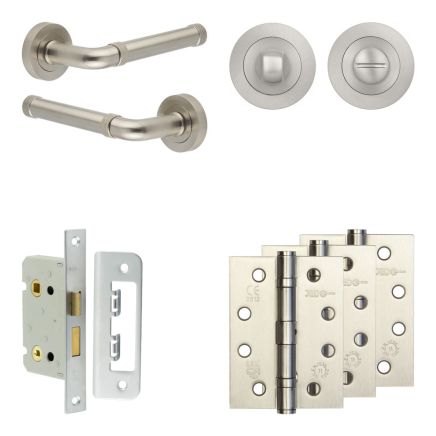 Complete Midtown Door Handle Pack - Bathroom Lock (Standard Thumb Turn) - Satin Nickel - 65mm / 4-inch Hinges - JE-G5A3-SN