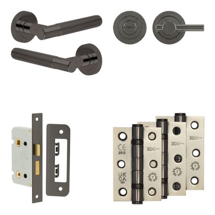 Complete Venice Door Handle Pack - Bathroom Lock (Plain Thumb Turn) - Black Nickel - 65mm / 3-inch Hinges - JE-F5B2-BN
