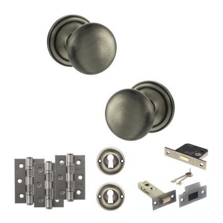 Old English Harrogate Door Knob Pack (Lock Set - 3" Latch & Deadlock, 3" Fire Rated Hinges x3) - Matt Gun Metal