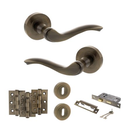 Old English Warwick Door Handle Pack (3 Lever Lock Set - 3" CE Sashlock, 3" Fire Rated Hinges x3) - Antique Brass