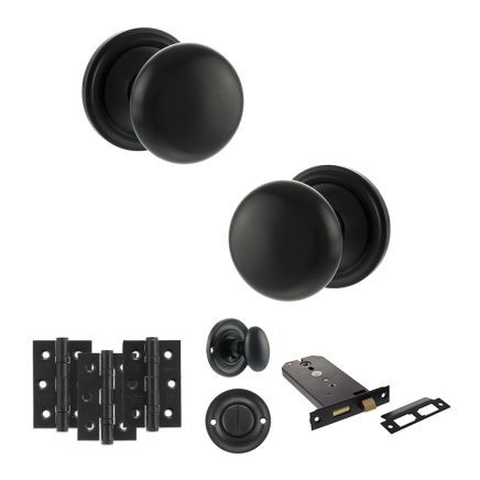 Old English Harrogate Door Knob Pack (Lock Set - Horizontal Bathlock, 3" Fire Rated Hinges x3) - Matt Black