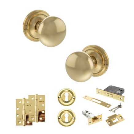 Old English Harrogate Door Knob Pack (Lock Set - 3" Latch & Deadlock, 4" Slim Knuckle Hinges x2) - Raw Brass