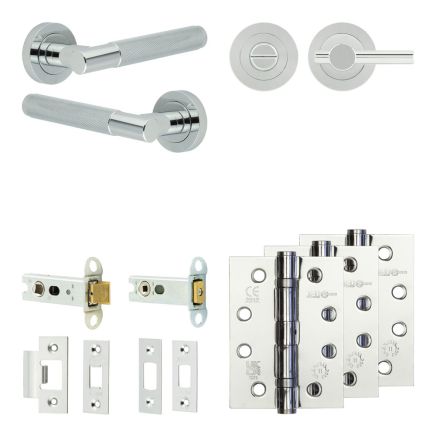 Complete Bari Door Handle Pack - Heavy Duty Tubular Bathroom (Plain Thumb Turn) - Polished Chrome - 76mm / 4-inch Hinges - JE-D31A2-PC