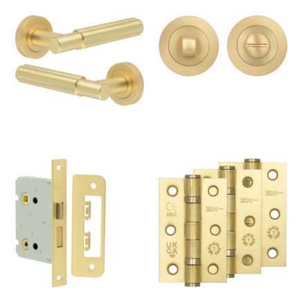 Complete Bloom Door Handle Pack - Bathroom Lock (Standard Thumb Turn) - Satin Brass - 76mm / 3-inch Hinges - JE-B6B3-SB