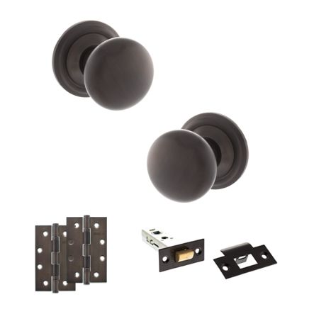 Old English Harrogate Door Knob Pack (Latch Set - 3" HD Latch, 4" Slim Knuckle Hinges x2) - Urban Dark Bronze