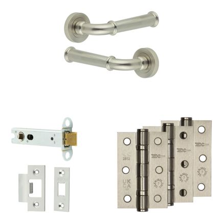 Complete Classic Door Handle Pack - Heavy Duty Latch - Satin Nickel - 102mm / 3-inch Hinges - JE-A22B-SN
