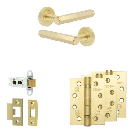 Complete Hex Door Handle Pack - Heavy Duty Latch - Satin Brass - 64mm / 4-inch Hinges - JE-C20A-SB