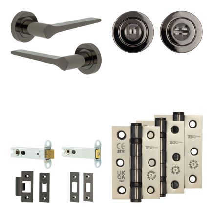 Complete Gio Door Handle Pack - Heavy Duty Tubular Bathroom (Standard Thumb Turn) - Black Nickel - 102mm / 3-inch Hinges - JE-E32B3-BN