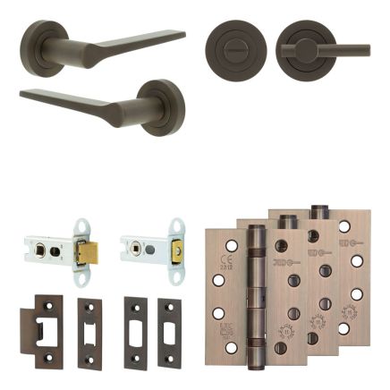 Complete Gio Door Handle Pack - Heavy Duty Tubular Bathroom (Plain Thumb Turn) - Dark Bronze - 64mm / 4-inch Hinges - JE-E30A2-DB
