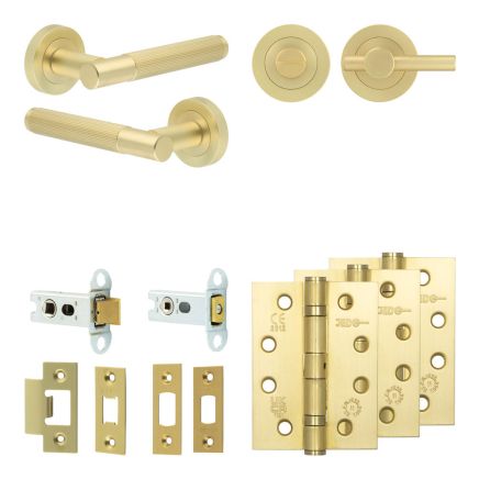 Complete Venice Door Handle Pack - Heavy Duty Tubular Bathroom (Plain Thumb Turn) - Satin Brass - 64mm / 4-inch Hinges - JE-F30A2-SB