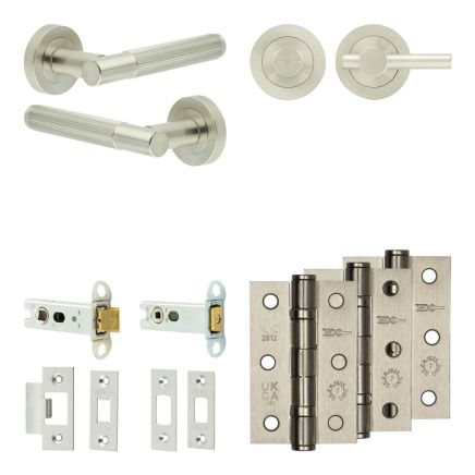 Complete Venice Door Handle Pack - Heavy Duty Tubular Bathroom (Plain Thumb Turn) - Satin Nickel - 76mm / 3-inch Hinges - JE-F31B2-SN