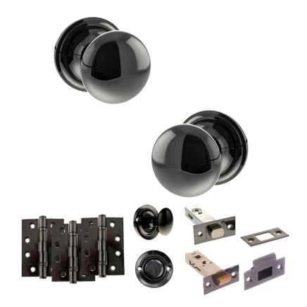 Old English Harrogate Door Knob Pack (Bathroom Set - 3" Deadbolt, 4" Fire Rated Hinges x3) - Black Nickel