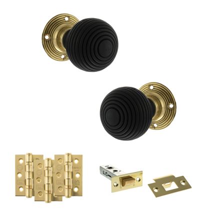 Old English Whitby Door Knob Pack (Latch Set - 3" HD Latch, 3" Fire Rated Hinges x3) - Polished Brass