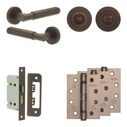 Complete Bloom Door Handle Pack - Bathroom Lock (Standard Thumb Turn) - Dark Bronze - 65mm / 4-inch Hinges - JE-B5A3-DB