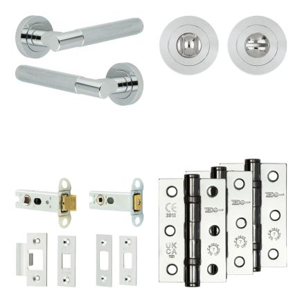 Complete Bari Door Handle Pack - Heavy Duty Tubular Bathroom (Standard Thumb Turn) - Polished Chrome - 76mm / 3-inch Hinges - JE-D31B3-PC