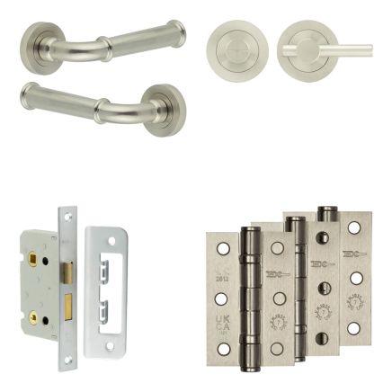 Complete Classic Door Handle Pack - Bathroom Lock (Plain Thumb Turn) - Satin Nickel - 65mm / 3-inch Hinges - JE-A5B2-SN