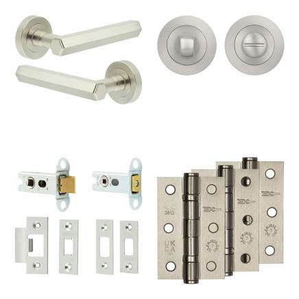 Complete Hex Door Handle Pack - Heavy Duty Tubular Bathroom (Standard Thumb Turn) - Satin Nickel - 64mm / 3-inch Hinges - JE-C30B3-SN