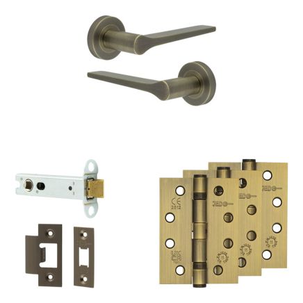 Complete Gio Door Handle Pack - Heavy Duty Latch - Antique Brass - 102mm / 4-inch Hinges - JE-E22A-AB