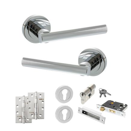 STATUS Nebraska Door Handle Pack (Euro Lock Set - 2.5" CE Sashlock, 4" Slim Knuckle Hinges x2) - Polished Chrome