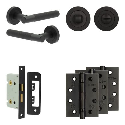 Complete Venice Door Handle Pack - Bathroom Lock (Standard Thumb Turn) - Matt Black - 65mm / 4-inch Hinges - JE-F5A3-MB