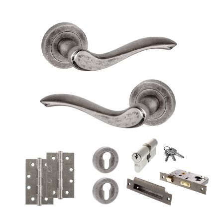 Old English Warwick Door Handle Pack (Euro Lock Set - 2.5" CE Sashlock, 4" Slim Knuckle Hinges x2) - Distressed Silver