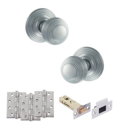 Old English Ripon Door Knob Pack (Latch Set - 3" HD Latch, 4" Fire Rated Hinges x3) - Satin Chrome
