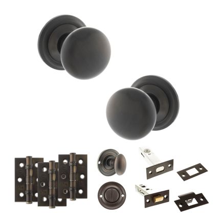 Old English Harrogate Door Knob Pack (Bathroom Set - 3" Deadbolt, 3" Fire Rated Hinges x3) - Urban Dark Bronze