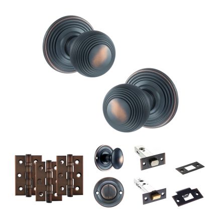 Old English Ripon Door Knob Pack (Bathroom Set - 3" Deadbolt, 3" Fire Rated Hinges x3) - Antique Copper