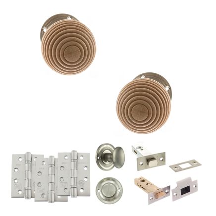 Old English Bridlington Door Knob Pack (Bathroom Set - 3" Deadbolt, 4" Fire Rated Hinges x3) - Satin Nickel