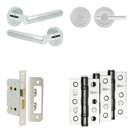 Complete Venice Door Handle Pack - Bathroom Lock (Plain Thumb Turn) - Polished Chrome - 65mm / 3-inch Hinges - JE-F5B2-PC