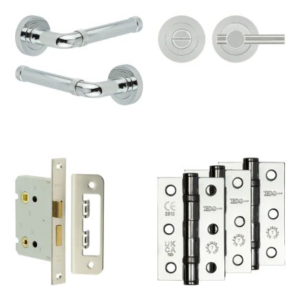Complete Midtown Door Handle Pack - Bathroom Lock (Knurled Thumb Turn) - Polished Chrome - 76mm / 3-inch Hinges - JE-G6B1-PC