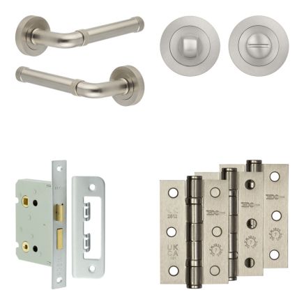 Complete Midtown Door Handle Pack - Bathroom Lock (Standard Thumb Turn) - Satin Nickel - 76mm / 3-inch Hinges - JE-G6B3-SN