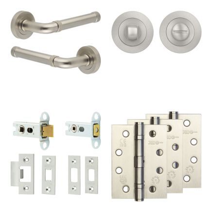 Complete Midtown Door Handle Pack - Heavy Duty Tubular Bathroom (Standard Thumb Turn) - Satin Nickel - 64mm / 4-inch Hinges - JE-G30A3-SN