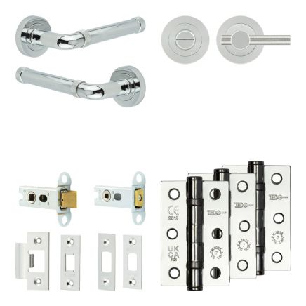 Complete Midtown Door Handle Pack - Heavy Duty Tubular Bathroom (Knurled Thumb Turn) - Polished Chrome - 64mm / 3-inch Hinges - JE-G30B1-PC