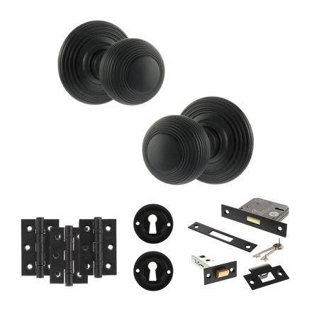 Old English Ripon Door Knob Pack (Lock Set - 3" Latch & Deadlock, 3" Fire Rated Hinges x3) - Matt Black