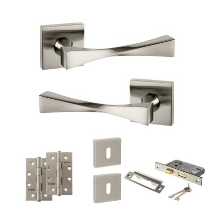 Senza Pari Guido Door Handle Pack (3 Lever Lock Set - 2.5" CE Sashlock, 4" Slim Knuckle Hinges x2) - Satin Nickel