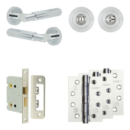 Complete Bloom Door Handle Pack - Bathroom Lock (Standard Thumb Turn) - Polished Chrome - 76mm / 4-inch Hinges - JE-B6A3-PC