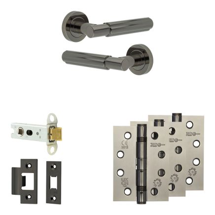 Complete Bloom Door Handle Pack - Heavy Duty Latch - Black Nickel - 76mm / 4-inch Hinges - JE-B21A-BN